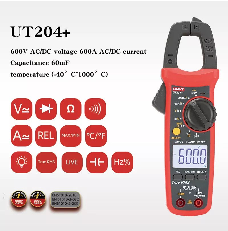 UNI T UT204 Digital Clamp Meter AC DC Current Tester 600A True RMS