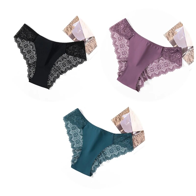3PCS Set Sweet Women S Panties Silk Satin Underwear Lace Lingerie Girls Breathable Briefs Soft