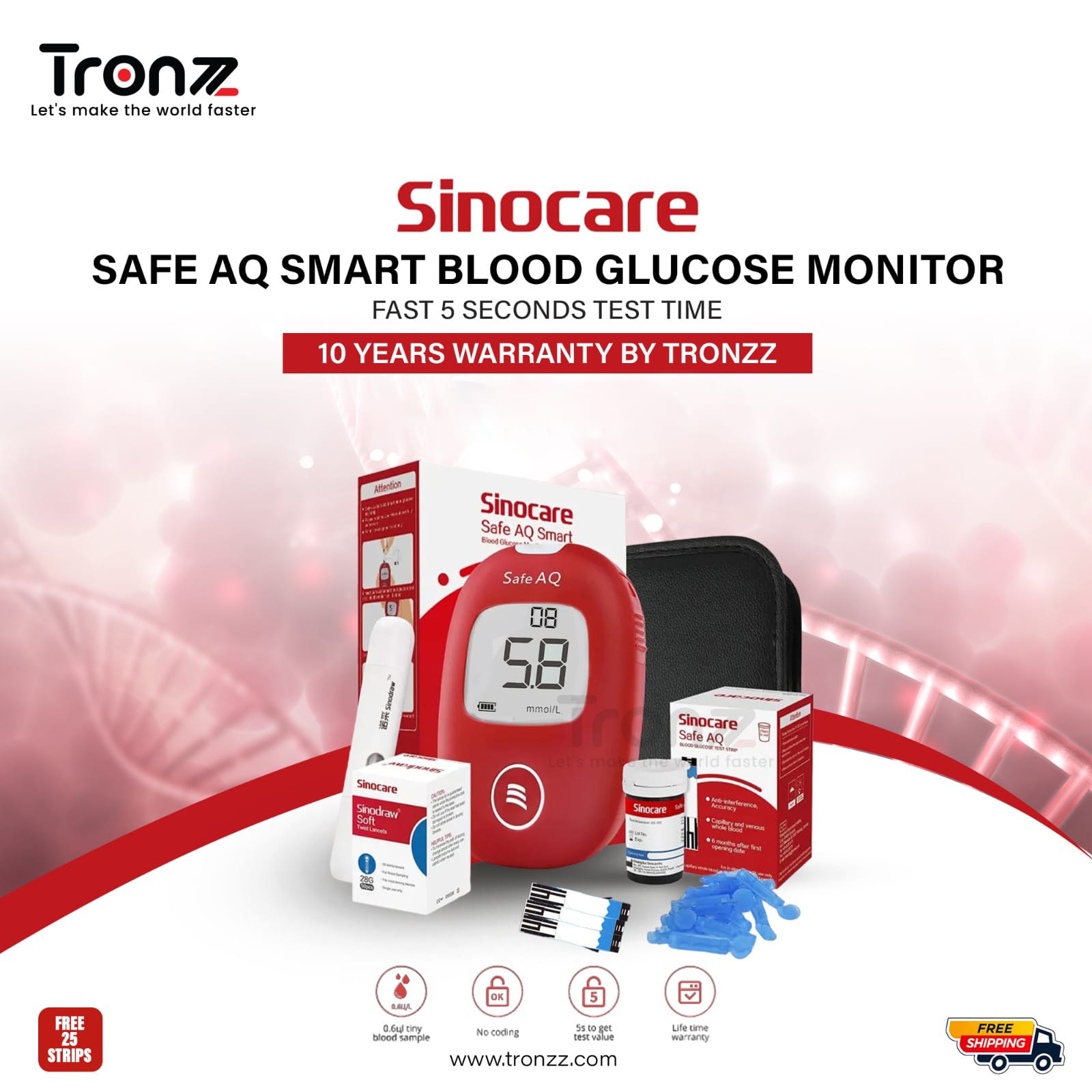 Sinocare Safe AQ Smart Glucometer Blood Glucose Sugar Test Meter