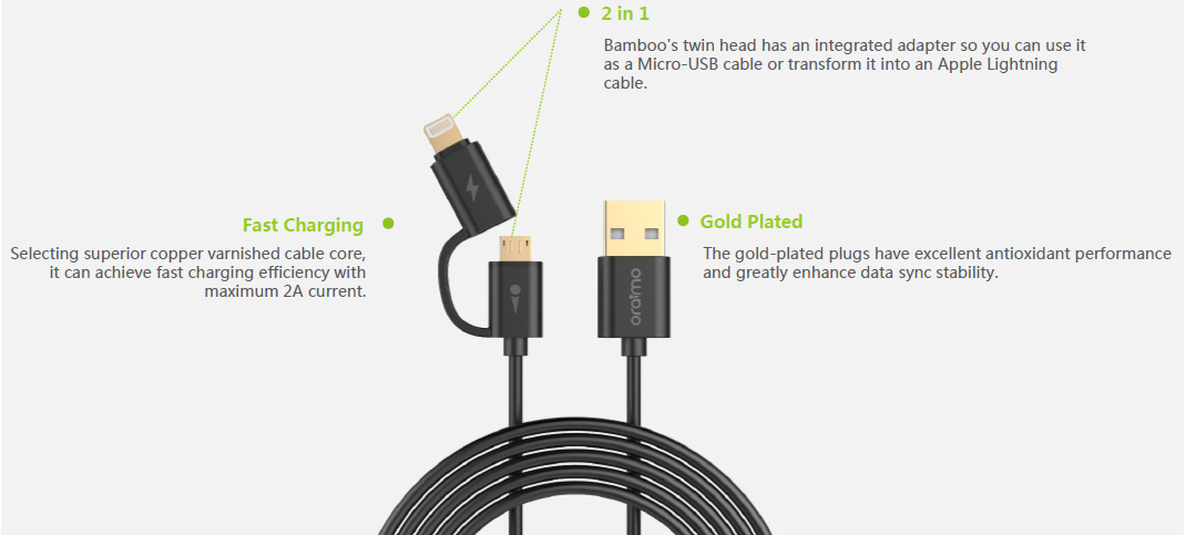 Oraimo BAMBOO TWIN HEAD Cable (OCD-D101) in Bangladesh