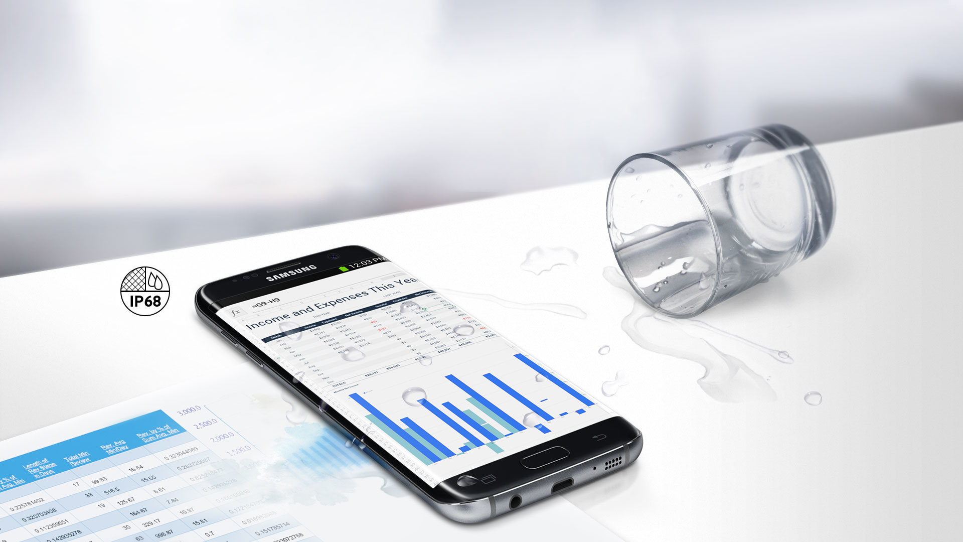 An image showing a glass of water that has just been spilled over a Galaxy S7 edge device on a desk next to a document. An icon with the text 'IP68' in it is also shown.