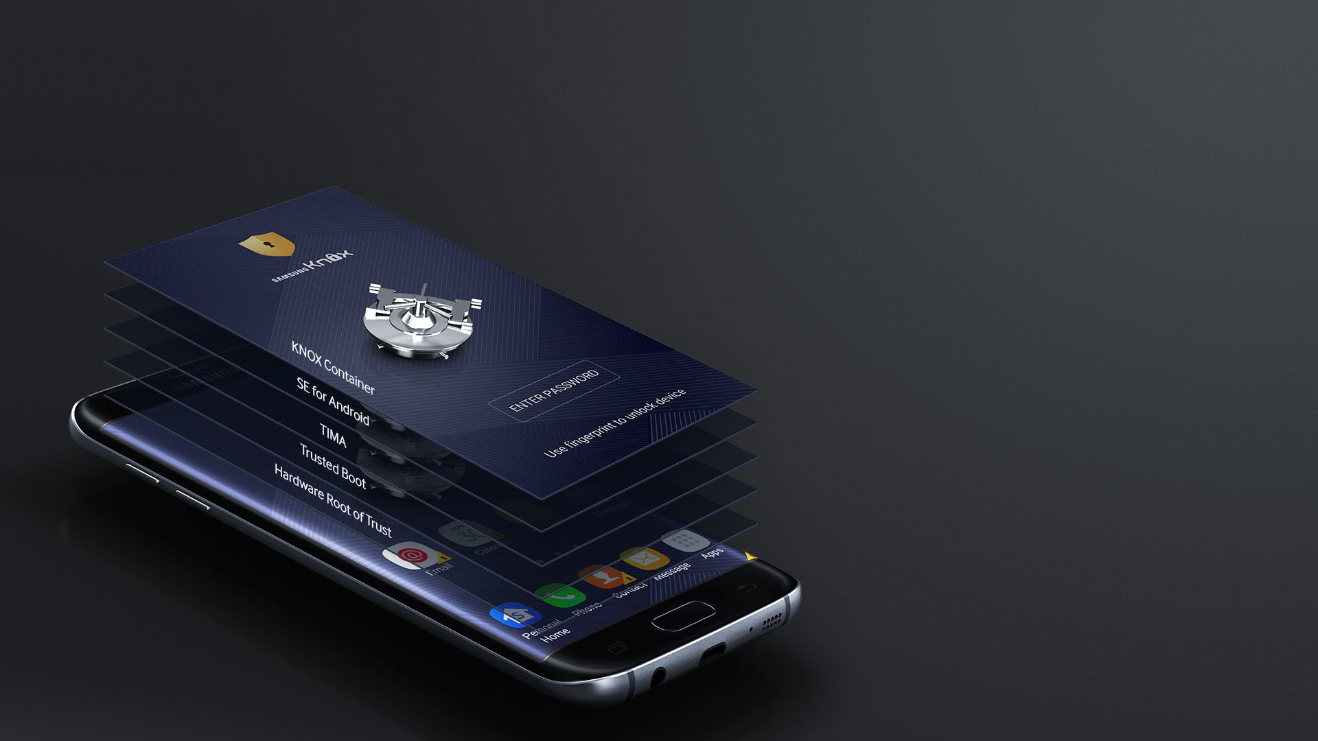 An image showing a Galaxy S7 edge device, as well as five images of the device's screen stacked on top of one another, intended to represent multiple layers of the device's security protection. These are labelled: 'KNOX Container', 'SE for Android', 'TIMA', 'Trusted Boot' and 'Hardware Root of Trust'.