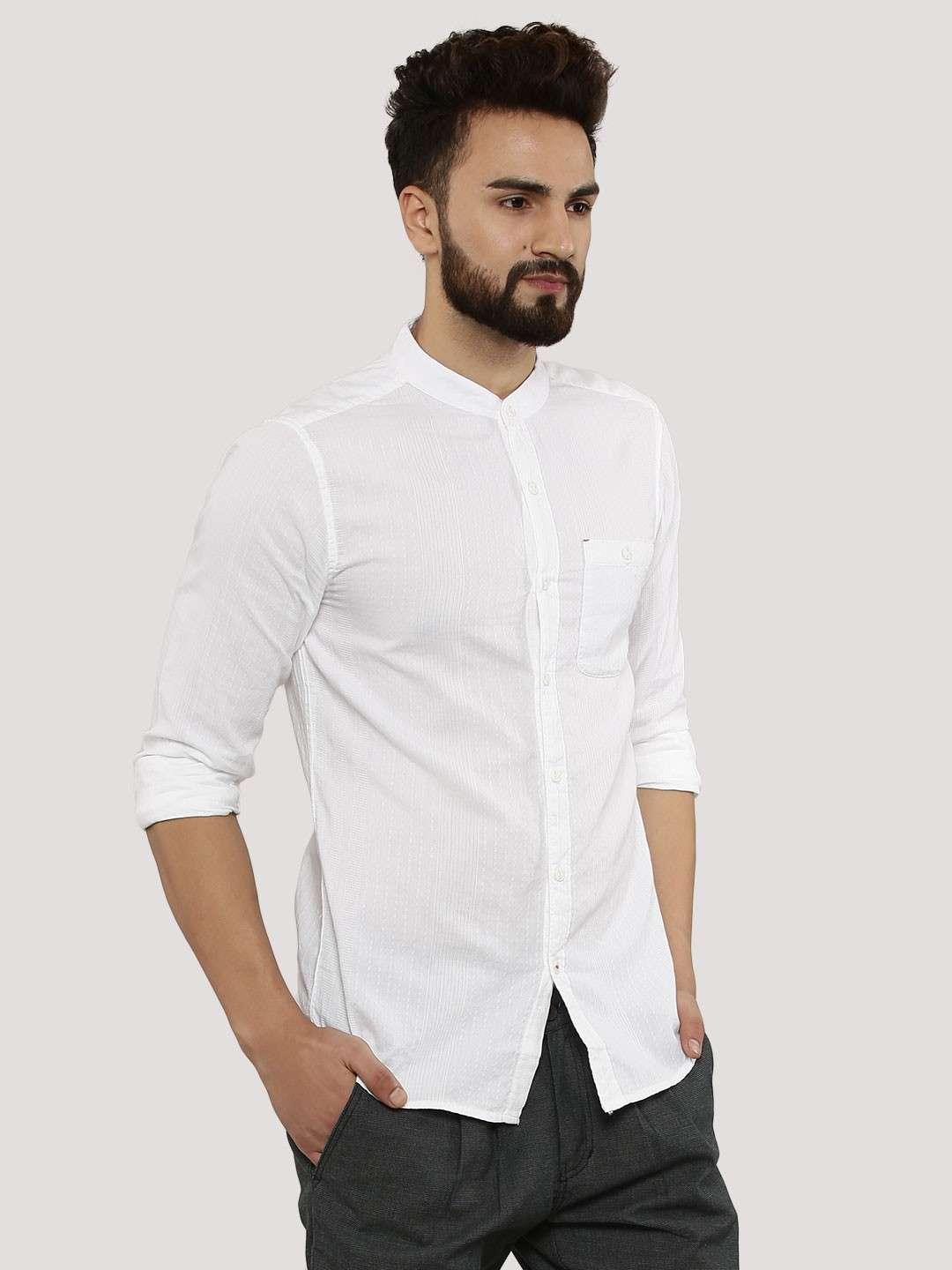 Band Collar White Cotton Long Sleeves 