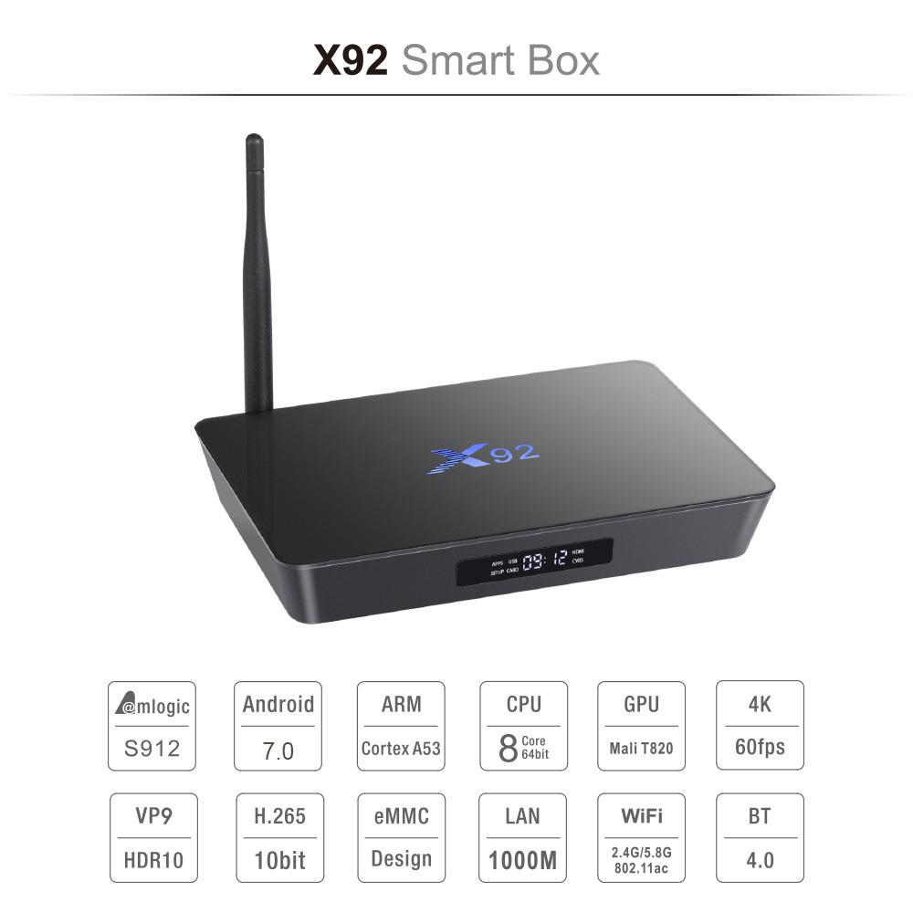 X92 Smart TV Box Android 7.1 4K WIFI Media Player Amlogic S912 Octa-Core HDMI 2.0 2G+16G - Tv Box. 