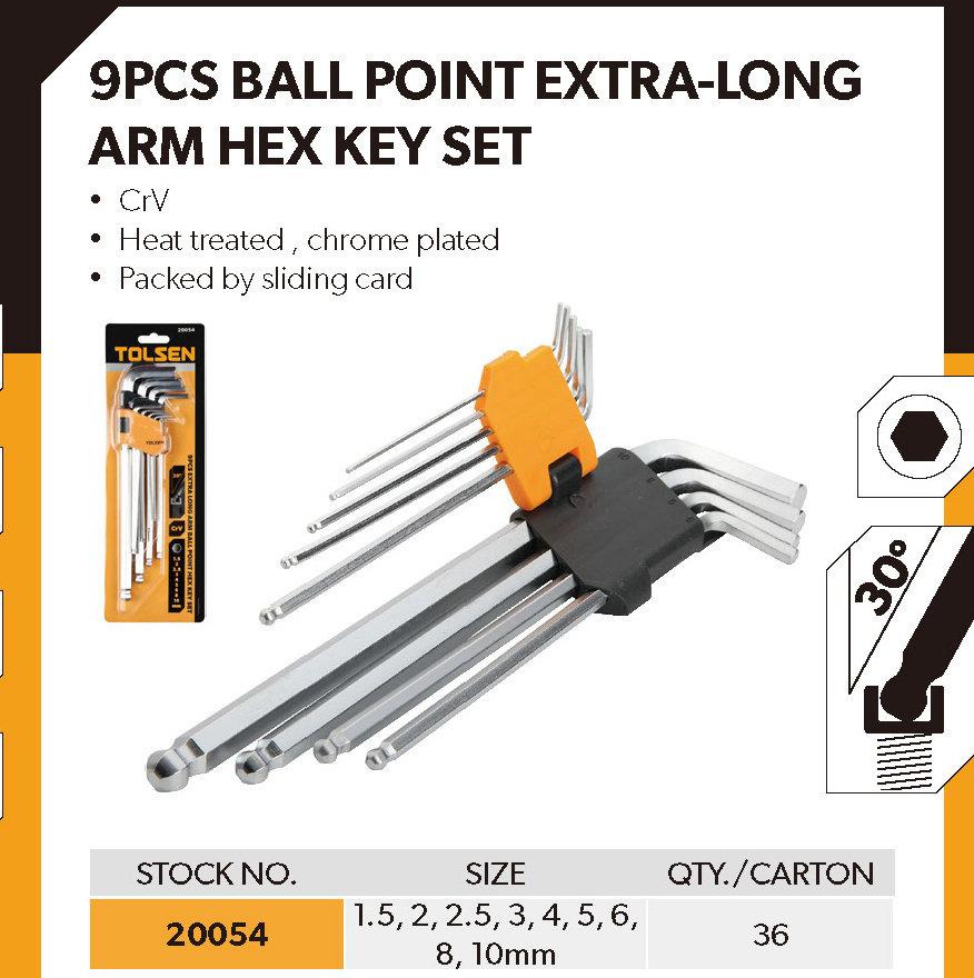 TOLSEN 9Pcs Extra Long Arm Allen Hex Ball L Key Set Hexagon Wrenches Metric 20054 - Kings Trading. 