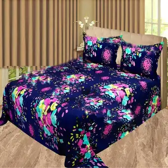 Navy Blue Twill Cotton Double Size Bed Sheet With 2 Pillow Covers