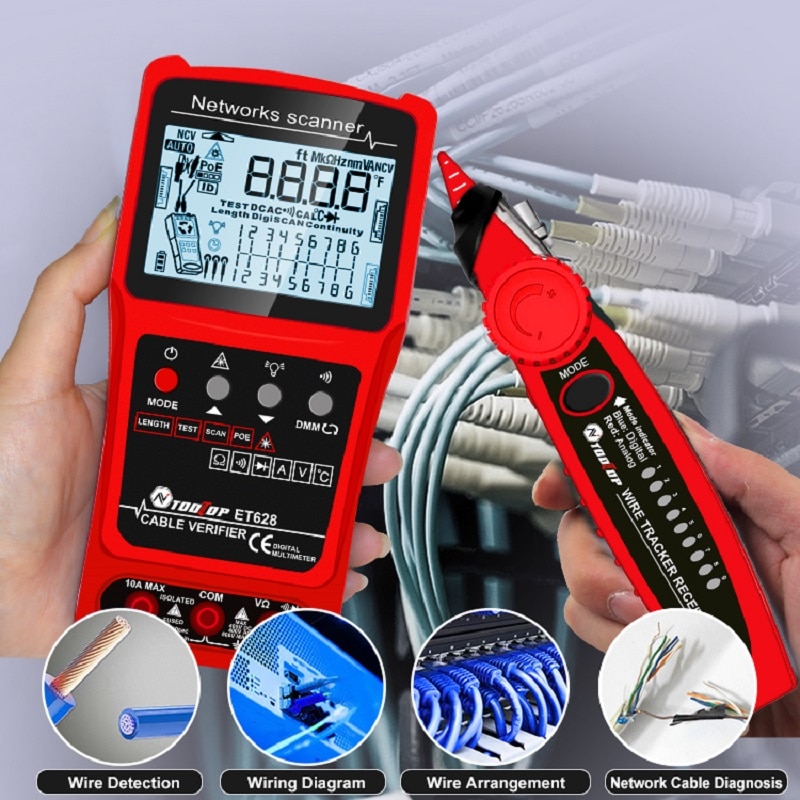 TOOLTOP Network Cable Tester 10KM Visual Fault Locator Multimeter 3 in 1 LAN Length Measure Anti-noise Line Tracker POE Test. 