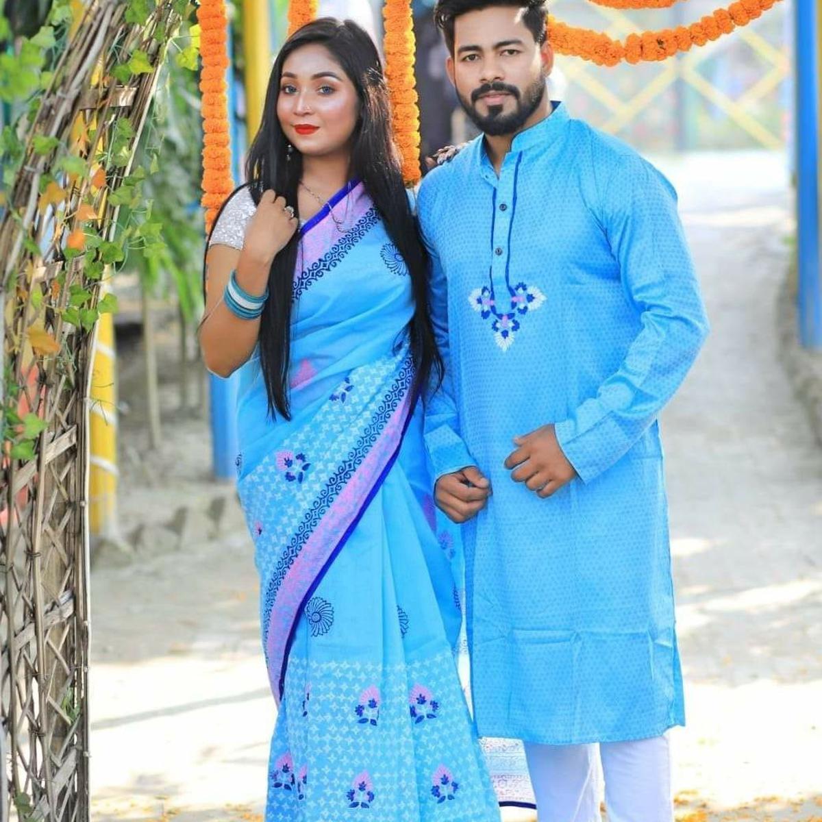 Couple set Matching Saree And Panjabi Block Print & Panjabi Shari For Women sari শাড়ি - Exclusive High Quality Comfortable Exquisite