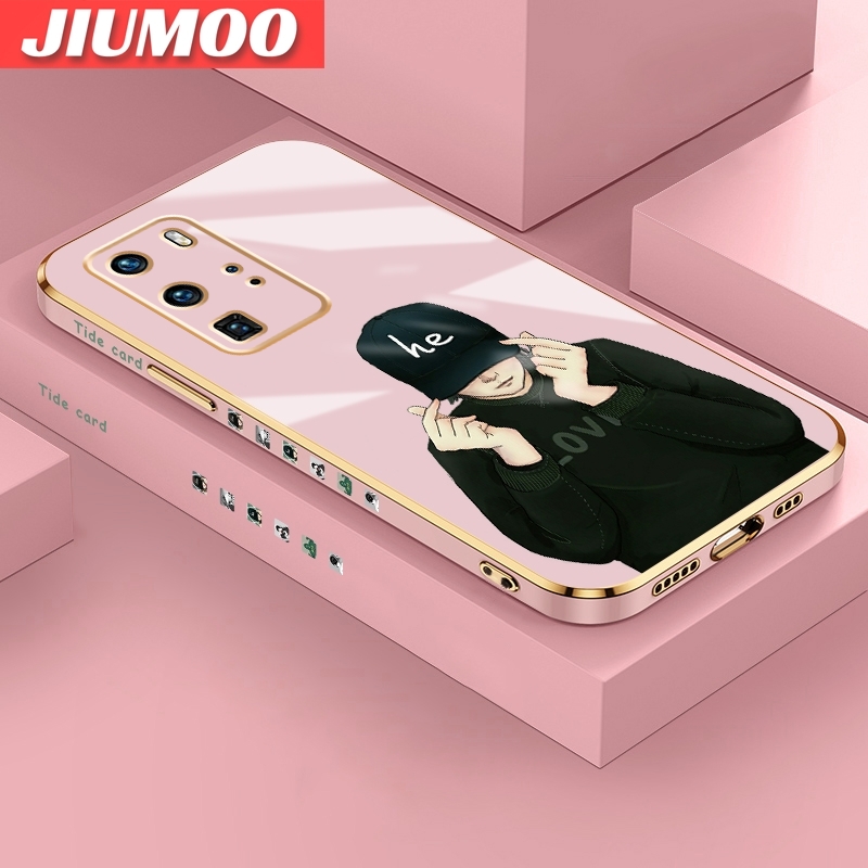 JIUMOO For Huawei P40 Pro Case Fashion Tide Boy Fake Side Design Luxury Plating Phone Cases Square Edge Pattern Silicone Casing Full Back Cover Camera Protection SoftCase. 
