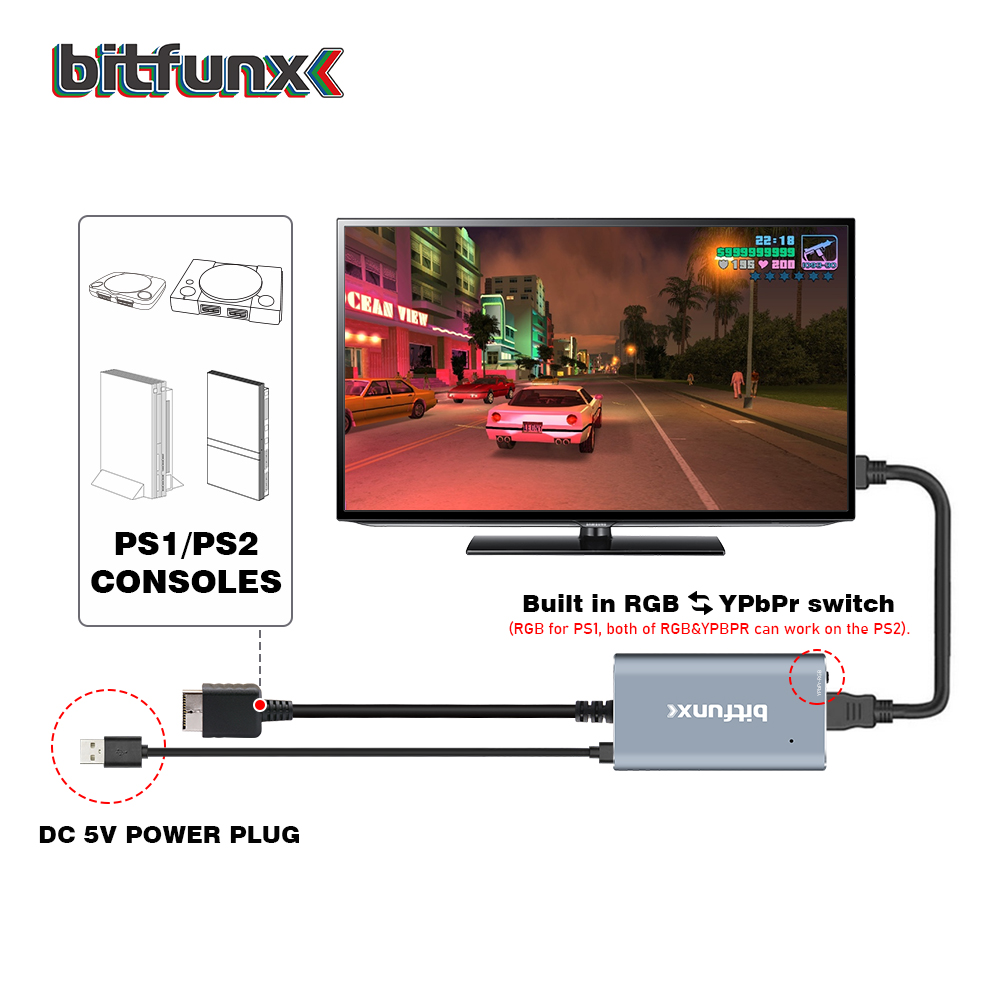 Bitfunx PS2 to HDMI Converter For PS2 PS1 PlayStation 1/2 Game Consoles With RGB to YPbPr Switch. 