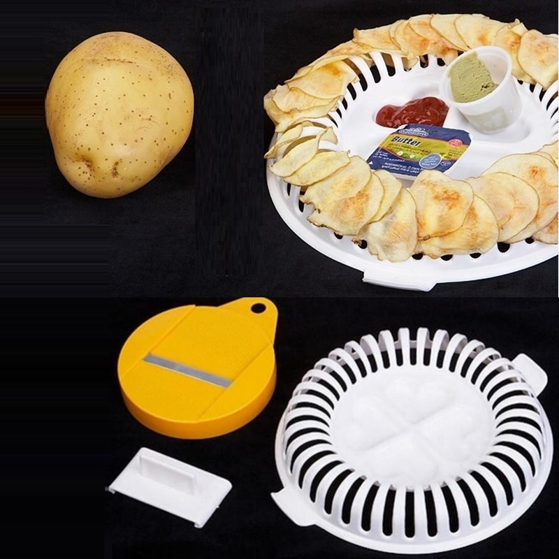 Microwave Oven Fat Potato Chips Maker Apple Fruit Potato Crisp Chip Slicer Snack Maker DIY Set Tray Kitchen Tool Random Color-. 