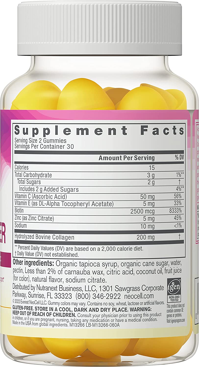 NeoCell Collagen, Vitamin C & Biotin Supplement, Beauty Builder - Support for Hair, Skin & Nails, Collagen Type 1 and 3, Lemon Flavor, 60 Gummies. 