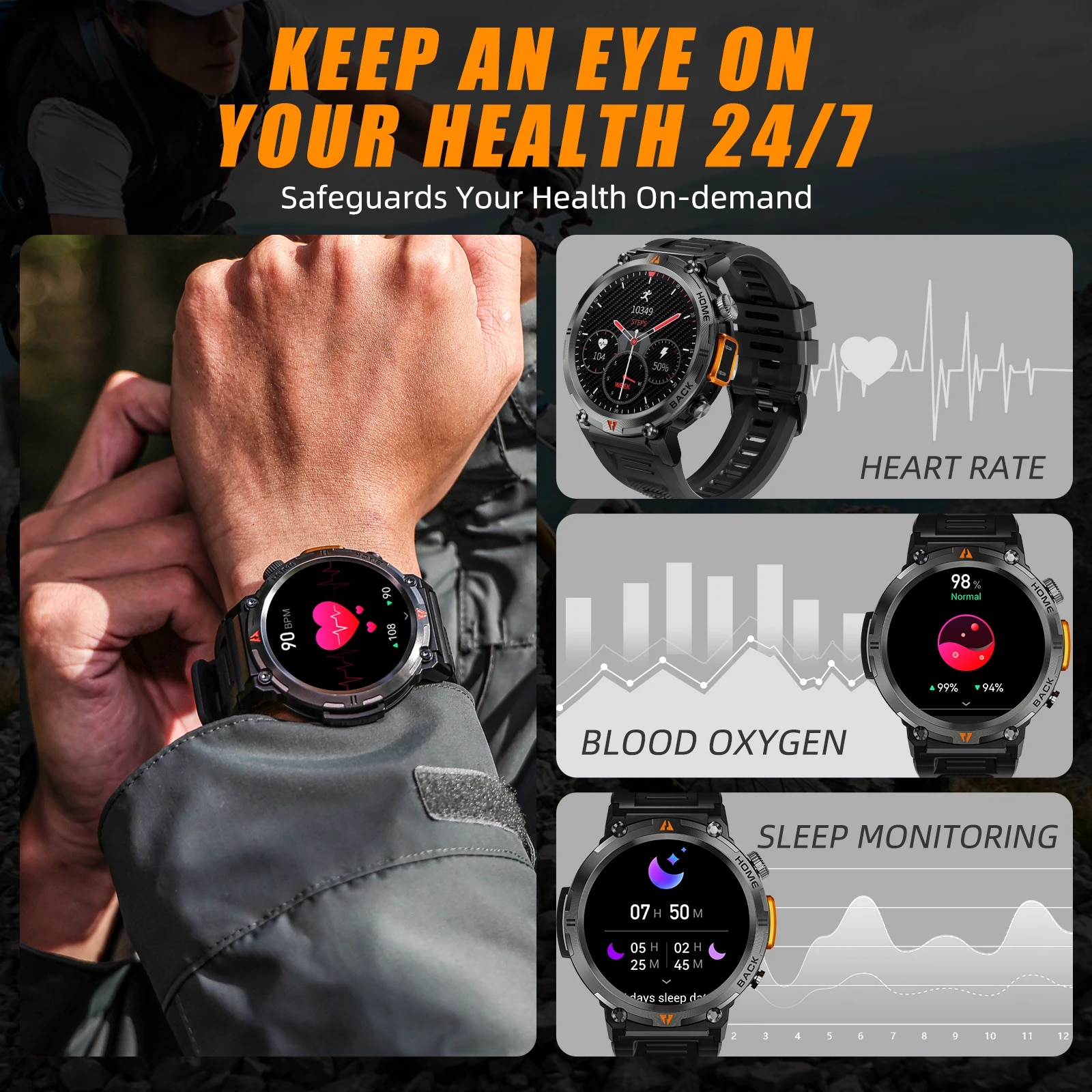 EIGIIS KE3 Smart Watch 3ATM Waterproof Original Design For Men Bluetooth Call Health Monitor With Flashlight 100+ Sports Modes. 