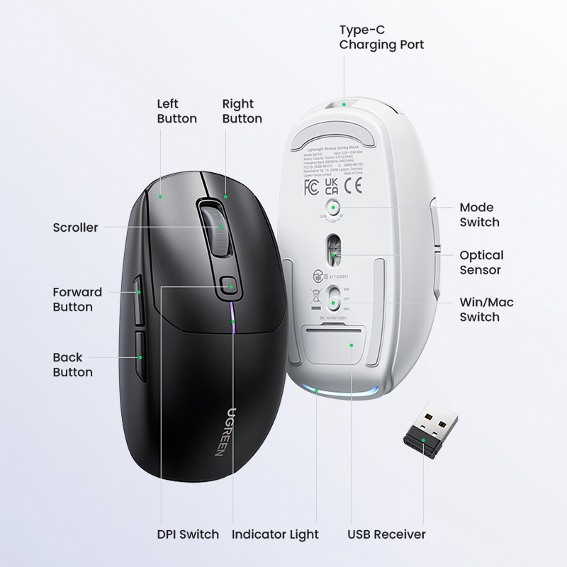 UGREEN Gaming Mouse 5000DPI Wireless Mouse Bluetooth 5.0 2.4G Wired Rechargeable Mice Ergonomic Design For MacBook PC Laptops Mac. 