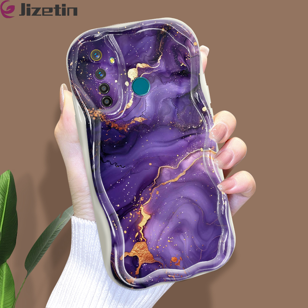 Jizetin for Realme 5 Pro Back Cover Gilded Marble Cream Wavy Edge Soft Silicone Phone Case