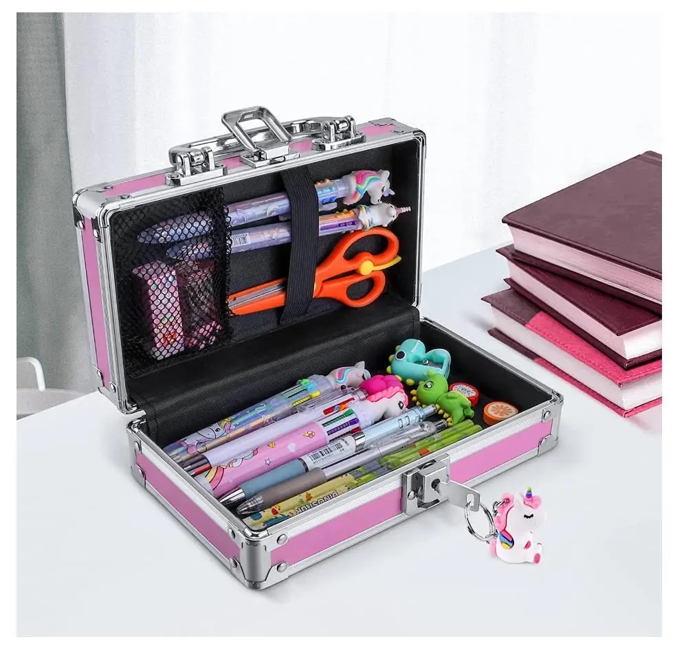 Unicorn Pencil Box for Girls Kids, Lock Box for School with Portable Handle and Uncorn Keychain, Pink Pencil Box, Cute Unicorn S