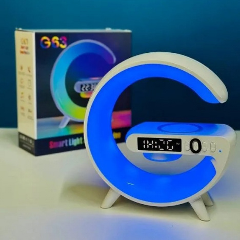 Smart Light Sound Machine with Wireless Charger, Music Rhythm Atmosphere Light, Bluetooth Speaker, Clock Alarm, Button and APP Control (White)