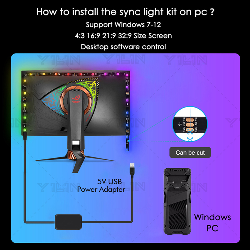 Immersive RGBIC LED Strips PC Background Computer Light Strip USB 5V Monitor Screen Color Sync Smart Control Ambient Decor Lamp. 