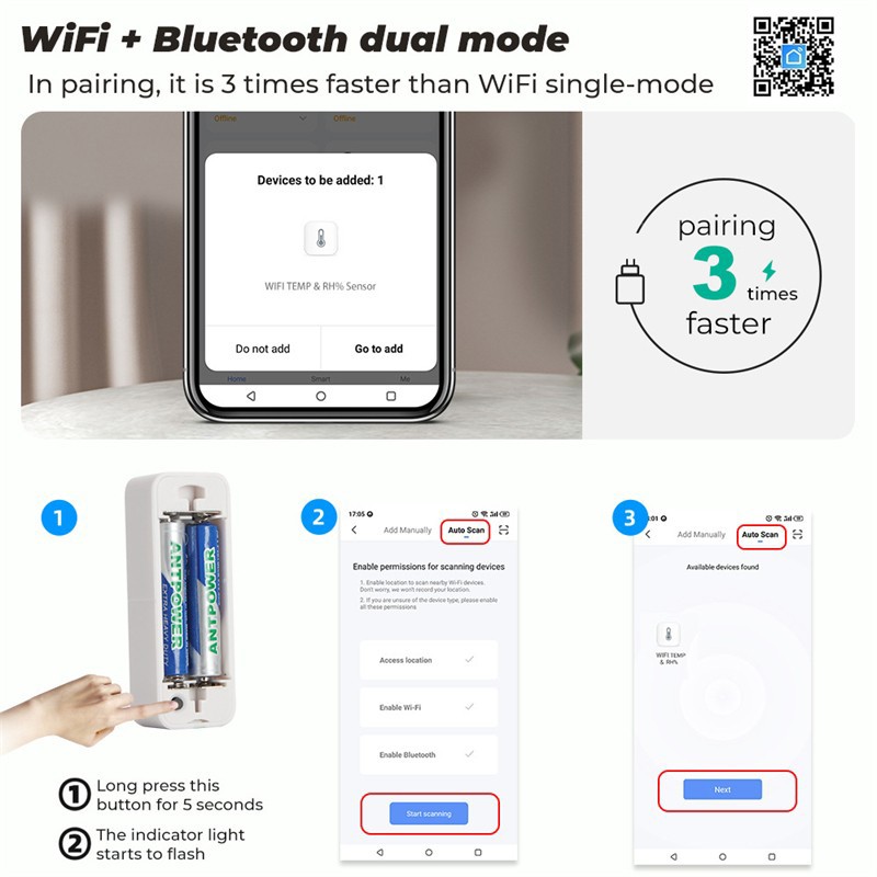 Battery Powered Tuya WiFi Bluetooth Temperature and Humidity Sensor (No Battery). 