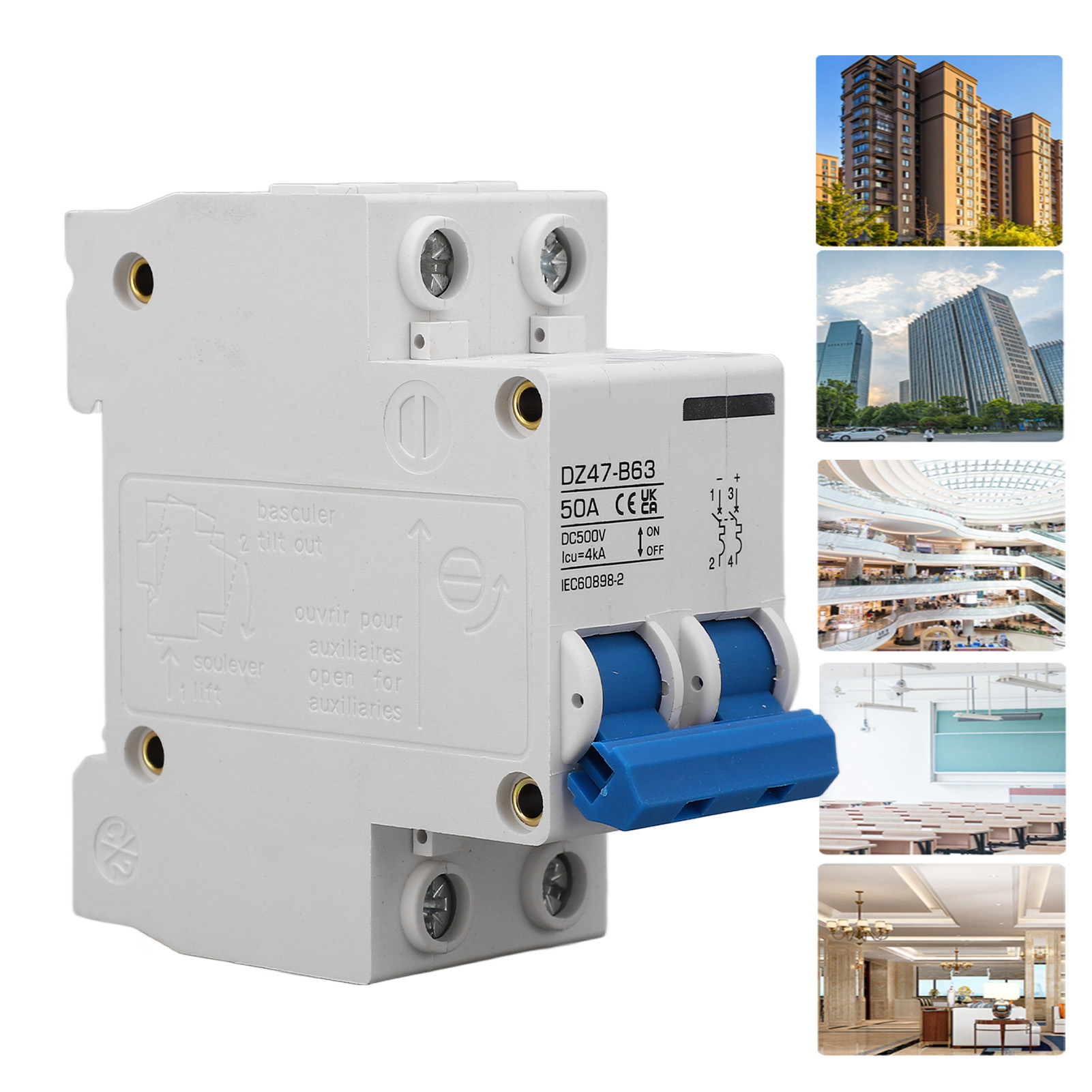 2P Circuit Breaker, Short Circuit Protection Switch DC 500V 50A Multifunctional for Ship Power System. 