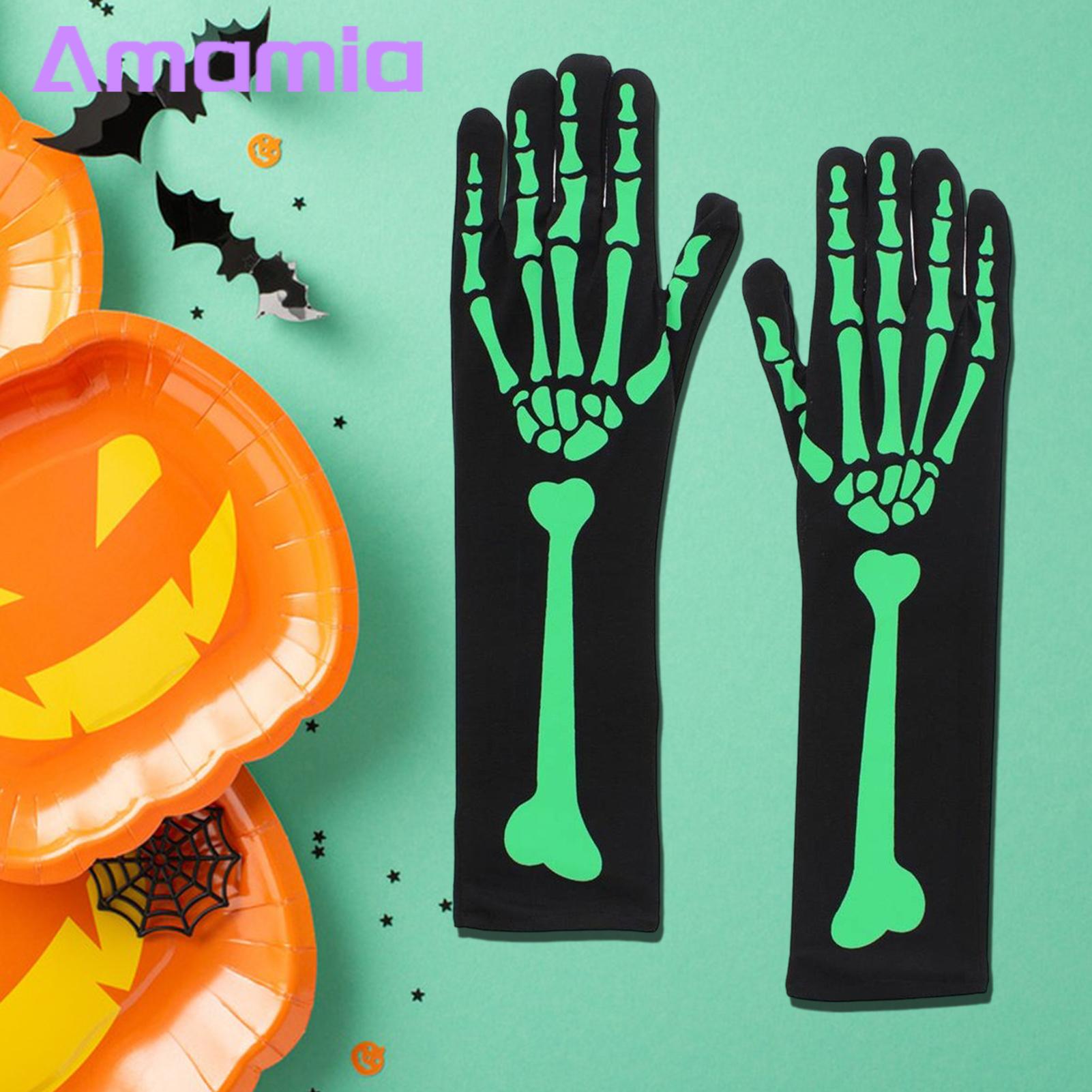 Glow in Dark Skeleton Gloves Glow in the Dark Skeleton Gloves for Halloween Cosplay Terrifying Unisex Skull Hand Print Design One Size Fits All Spooky Skeleton Hand Gloves. 