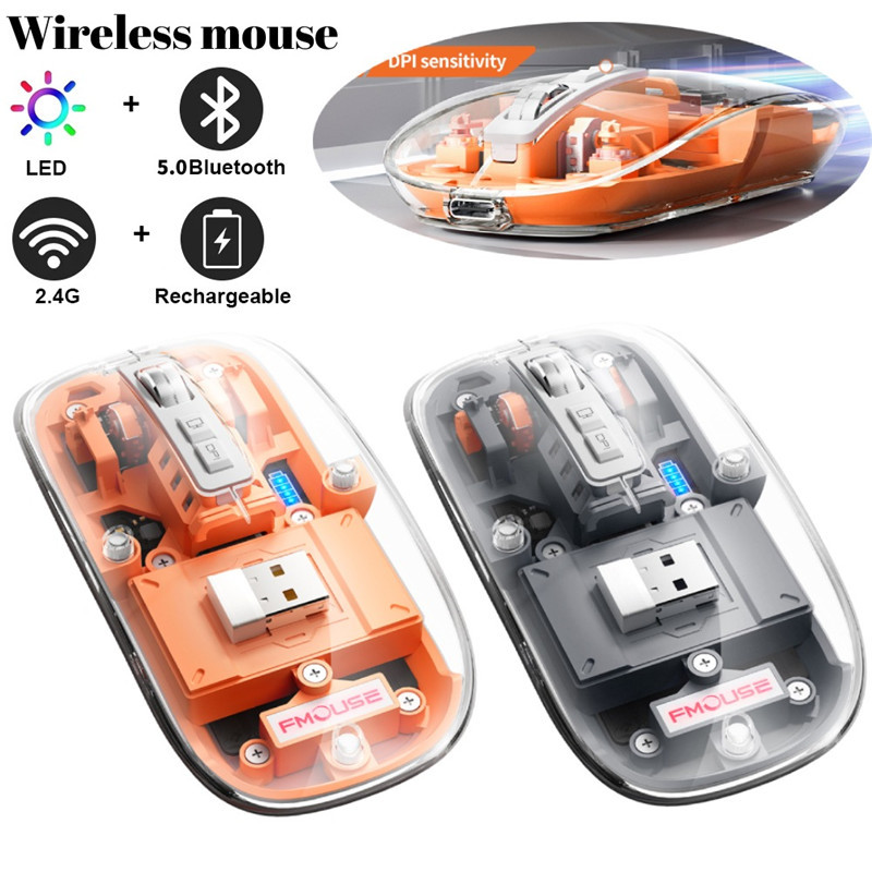 Transparent Shell Wireless Mouse Portable Rechargeable Mute Bluetooth Mouse 2.4GHz 2400DPI Gaming Mous for PC Laptop Accessories