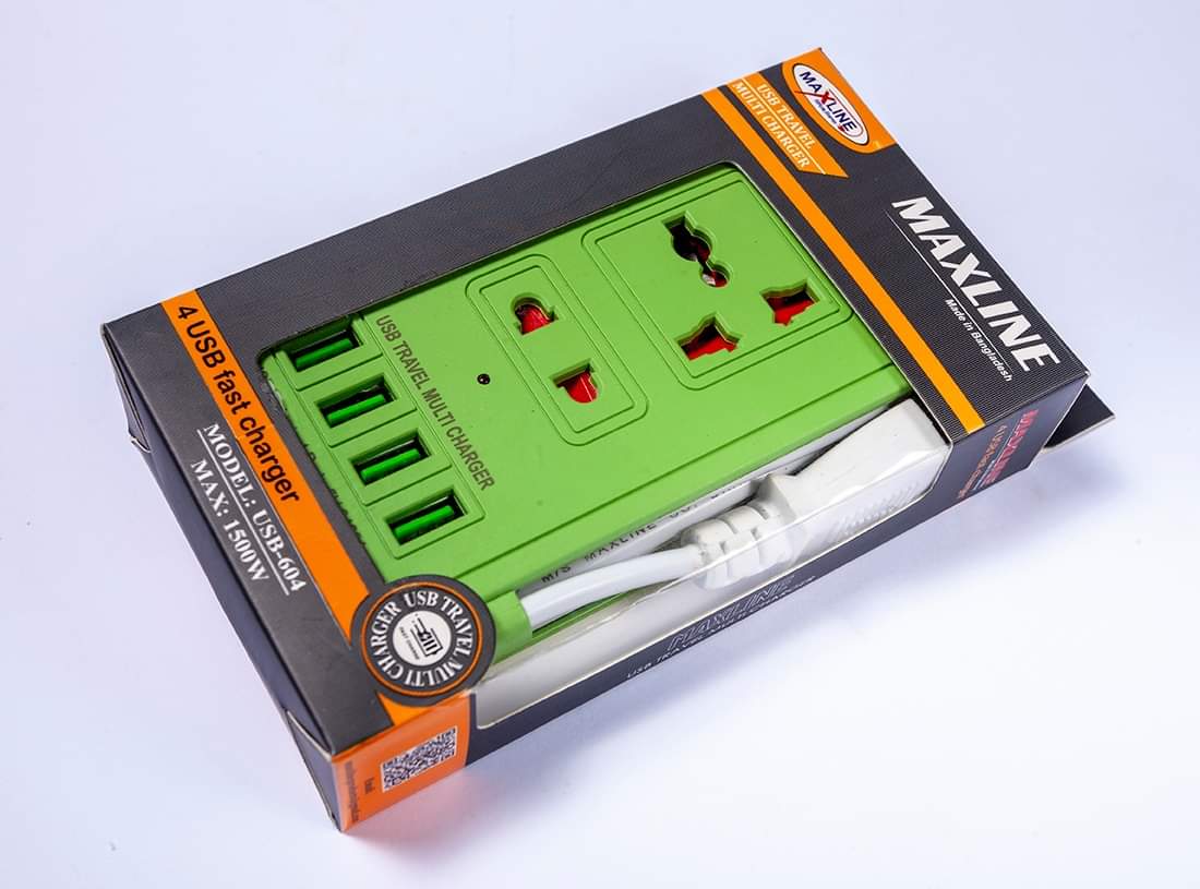 universal travel multi charger 4 USB PORT with multiplug MAXLINE ML-604 Multi-plug With 4 USB Port And 5pin Socket 6 FEET CABLE SAFETY SHUTTER MILTIPLUG FAST CHARGING. 
