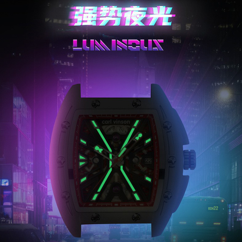 Carl vinson brand watch men's new barrel-shaped hollow waterproof luminous tremolo mechanical watch. 
