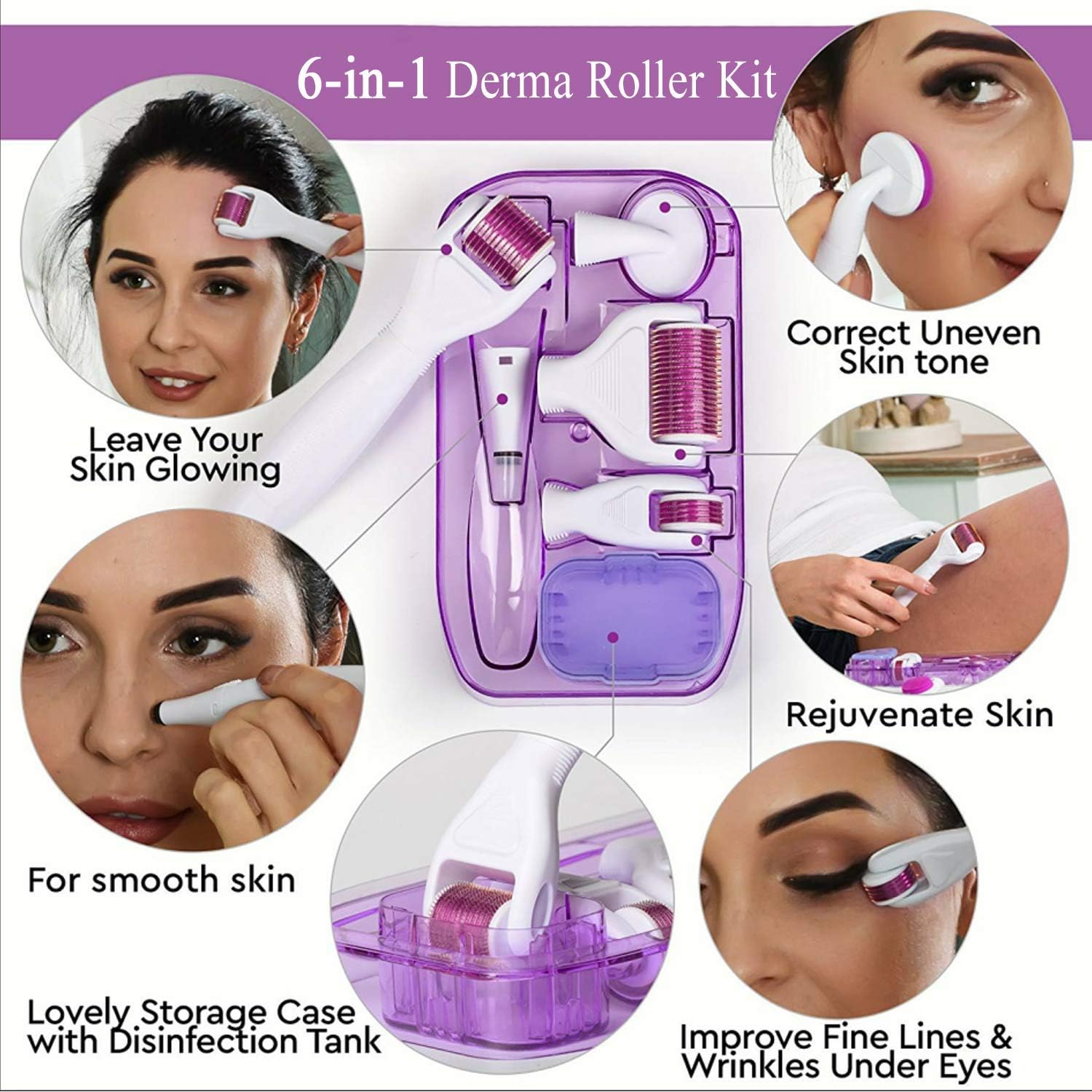 6 in 1 Derma Roller Kit for Face and Body, Titanium Microneedling Dermaroller Cosmetic Needling Instrument Microneedle with 5 Replaceable Heads. 