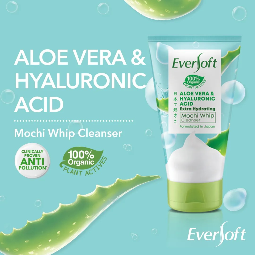 International Malaysian product Eversoft Aloe vera & Hyaluronic Mochi Whip cleanser used for male female - 120 gm. 