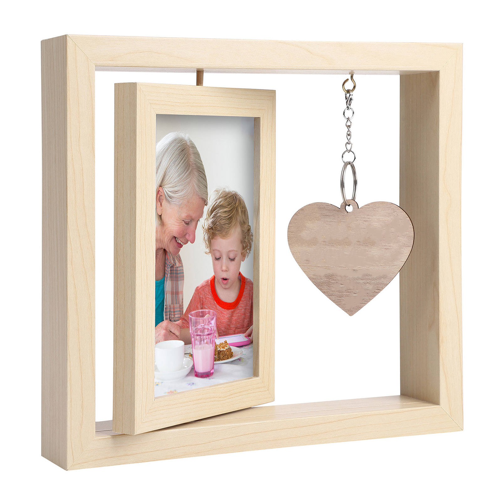 art-shaped Pendant Photo Frame Double Sided Rotating Wooden Picture Frame with Engravable art Pendant Home Decor Double-sided Photo Frame. 