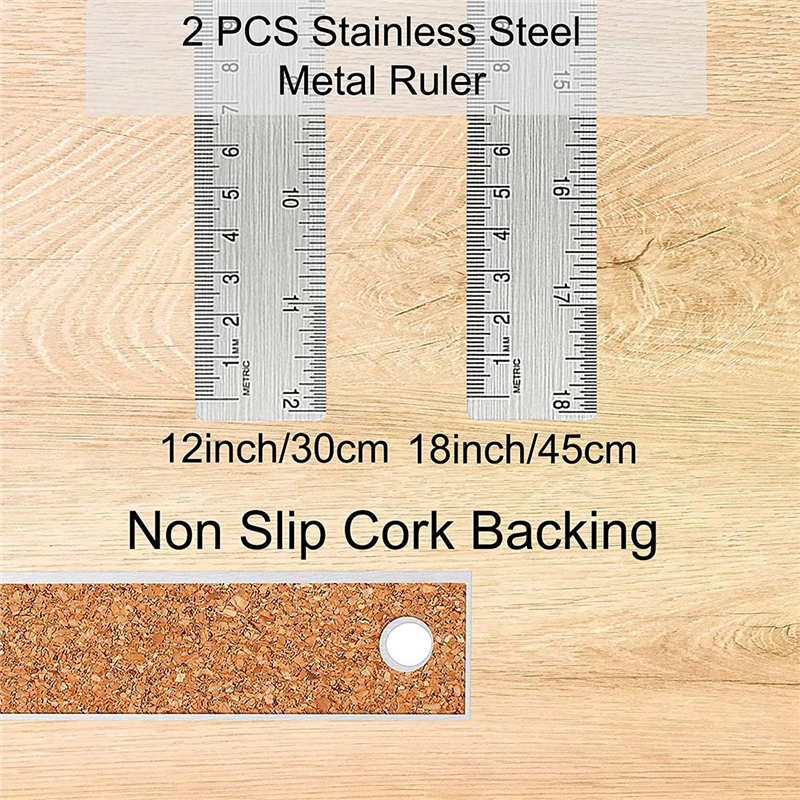 Non-Slip Ruler with Cork Backing:(12+18 Inch) Stainless Steel Ruler Non-Slip Rulers with Inch and Centimeters. 