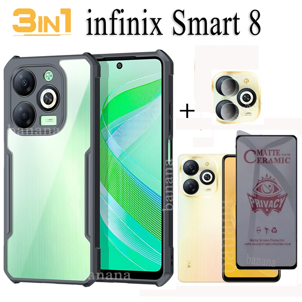 Infinix Smart 8 Shockproof Phone Case 3 in 1 Infinix Smart8 Anti Spy Soft Ceramic Matte Privacy Tempered Glass and Camera Lens Glass Screen Protector