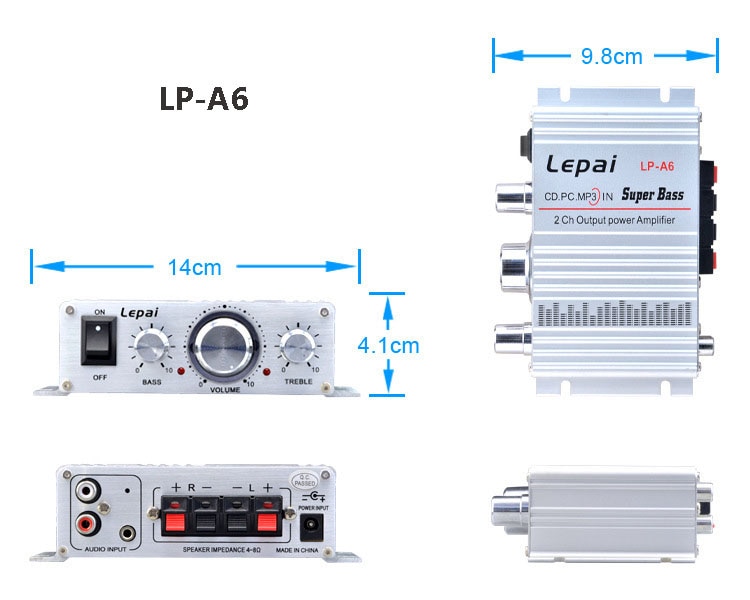 Lepy A6 s 2x15W 2.0 Channel Mini Stereo Class AB dac Bass And Treble Adjust DC 12V For Car Amp - With wer. 