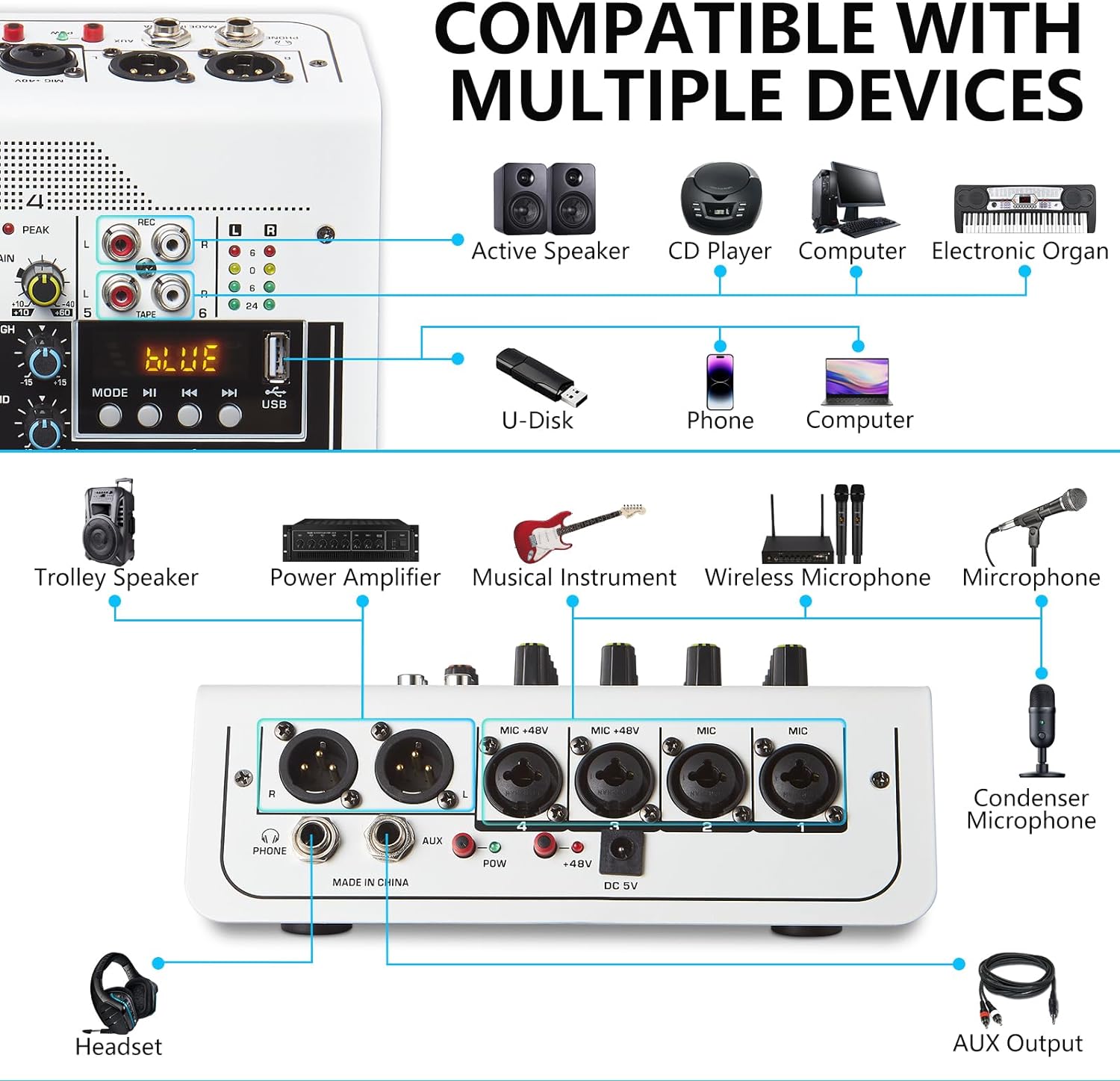 BOMGE Audio Mixer 6 Channel DJ Mixer Sound Board Console with USB MP3 Bluetooth Input 48V For Live Performance Home Stage Karaoke. 