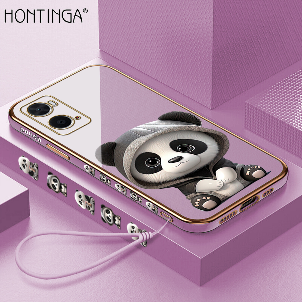 Hontinga for OPPO A76 A36 Back Cover With Free Strap Luxury 6D Plating Cute Panda Side Pattern Case Soft Silicone Square Mobile Cover. 