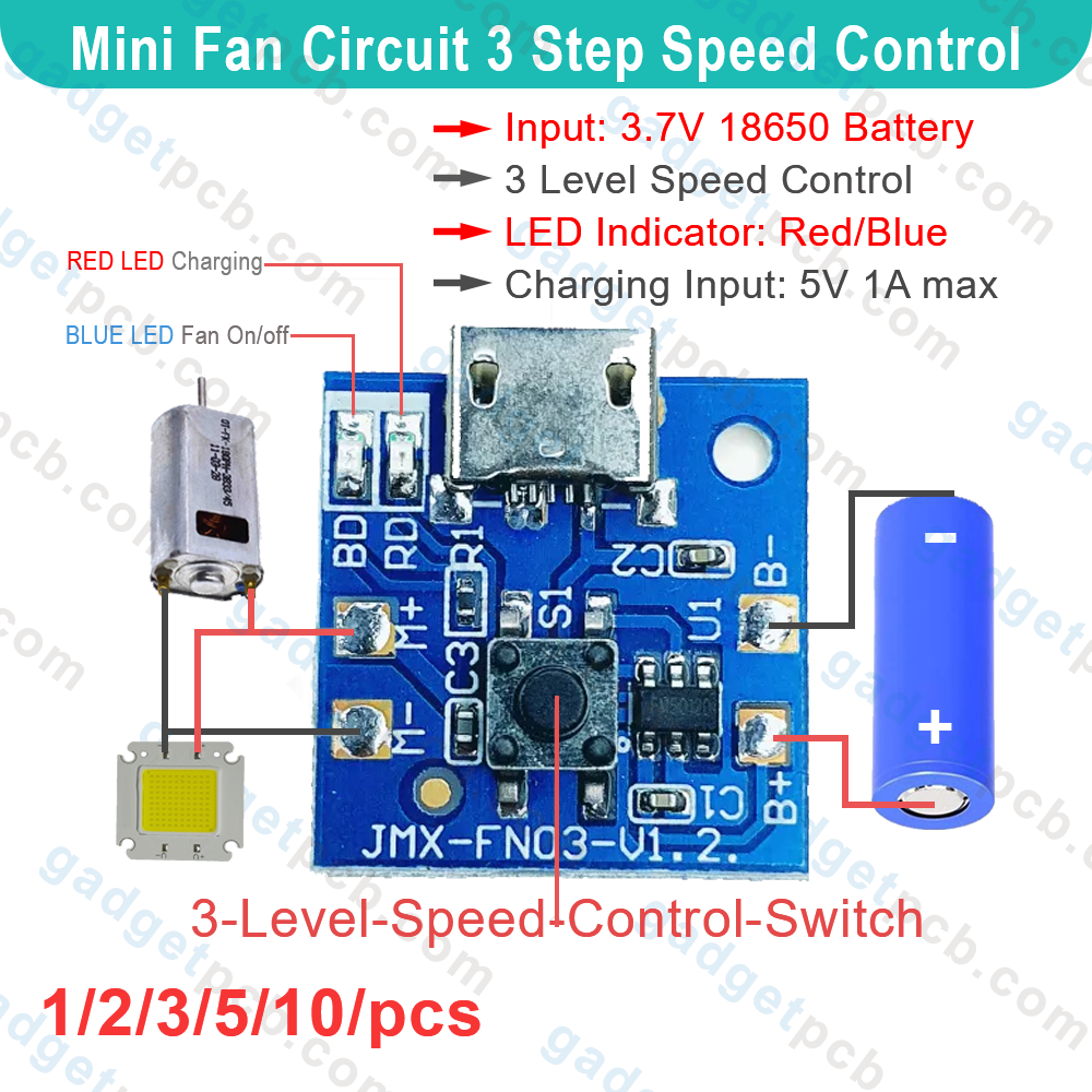 Mini Rechargeable Fan Circuit 3 Step Fan Speed Control & LED Light Controler Replacement Parts for Battery 3.7V 4.2V Mini Rechargeable Fan