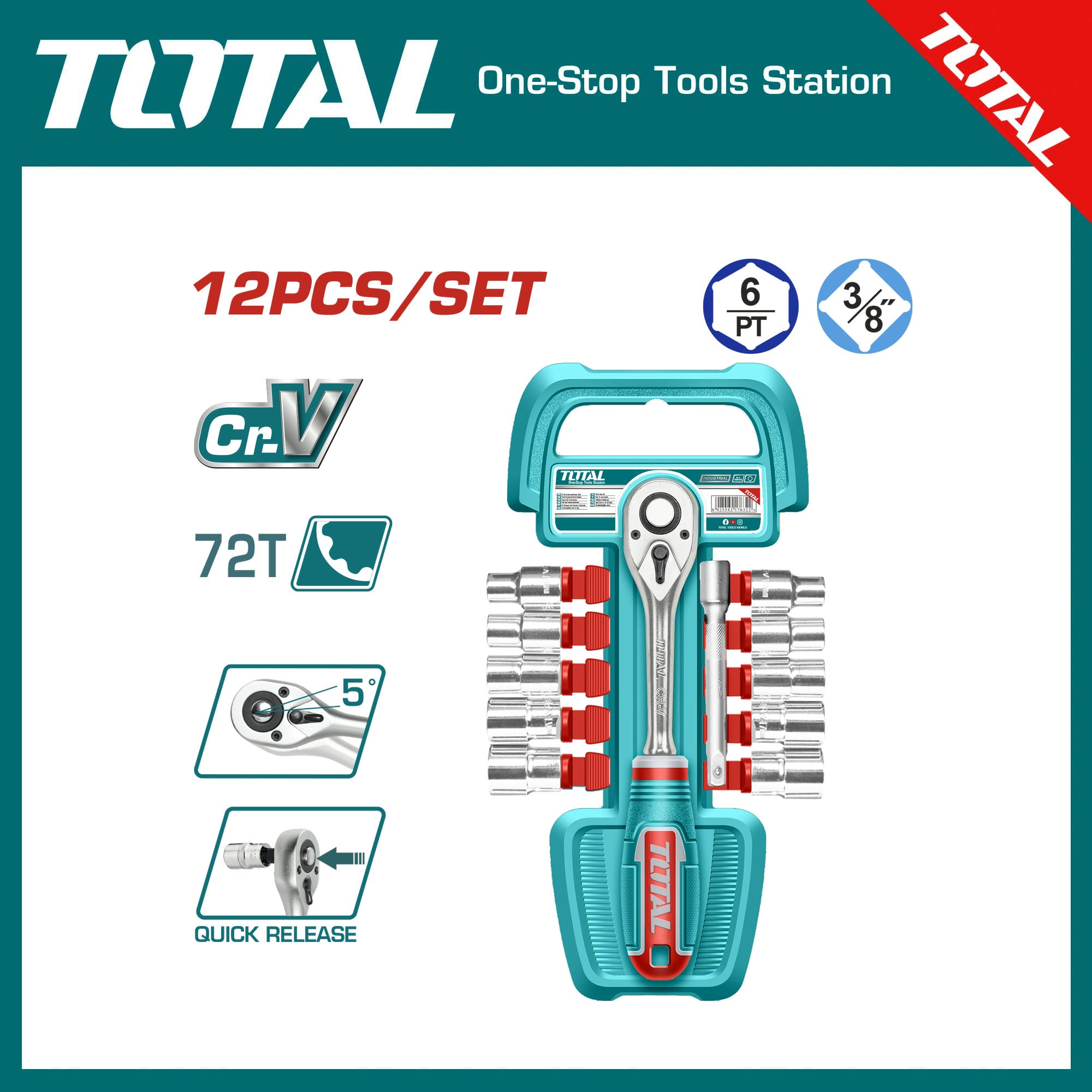 TOTAL 12 Pcs 3/8" socket set THT381121