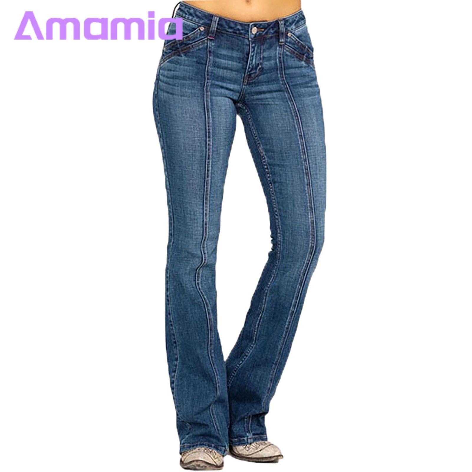 Women All-day Wear Jeans Retro Washed Flared Hem Slim Fit Women's Jeans Mid Waist Colorfast Full Length Trousers Women Cotton Blend Jeans