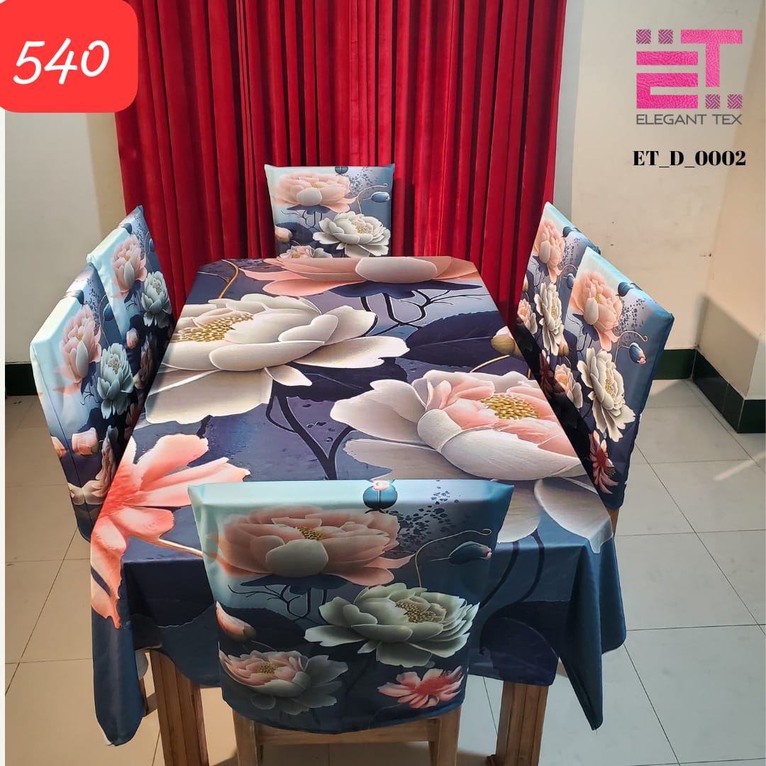 3d প্রিন্ট ডাইনিং টেবিল ক্লথ রানার এবং 06 পিস চেয়ার কভার সম্পূর্ণ সেট বিভিন্ন রঙের. 