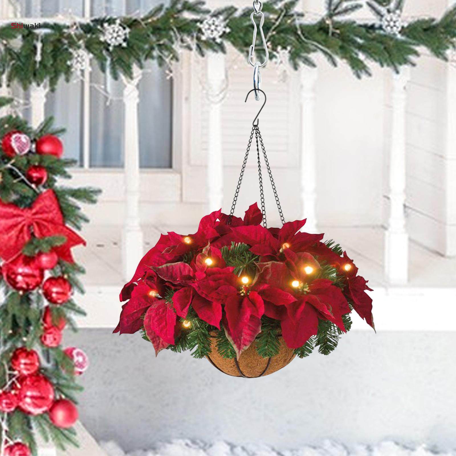 Artificial Hanging Flowers Basket LED with String Lights Courtyard Artificial Poinsettia for Porch