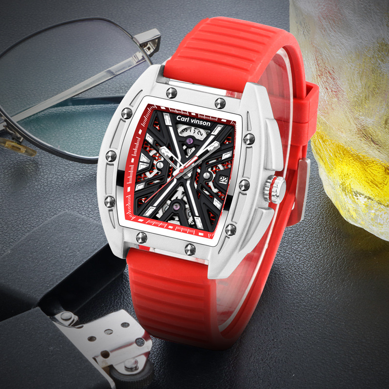 Carl vinson brand watch men's new barrel-shaped hollow waterproof luminous tremolo mechanical watch. 
