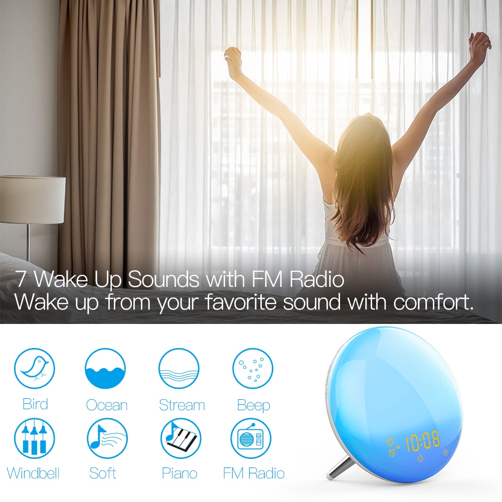 WiFi Smart Wake Up Light Workday Alarm Clock with 7 Colors Sunrise/Sunset Smart Life Tuya APP Works with Alexa Google Home. 