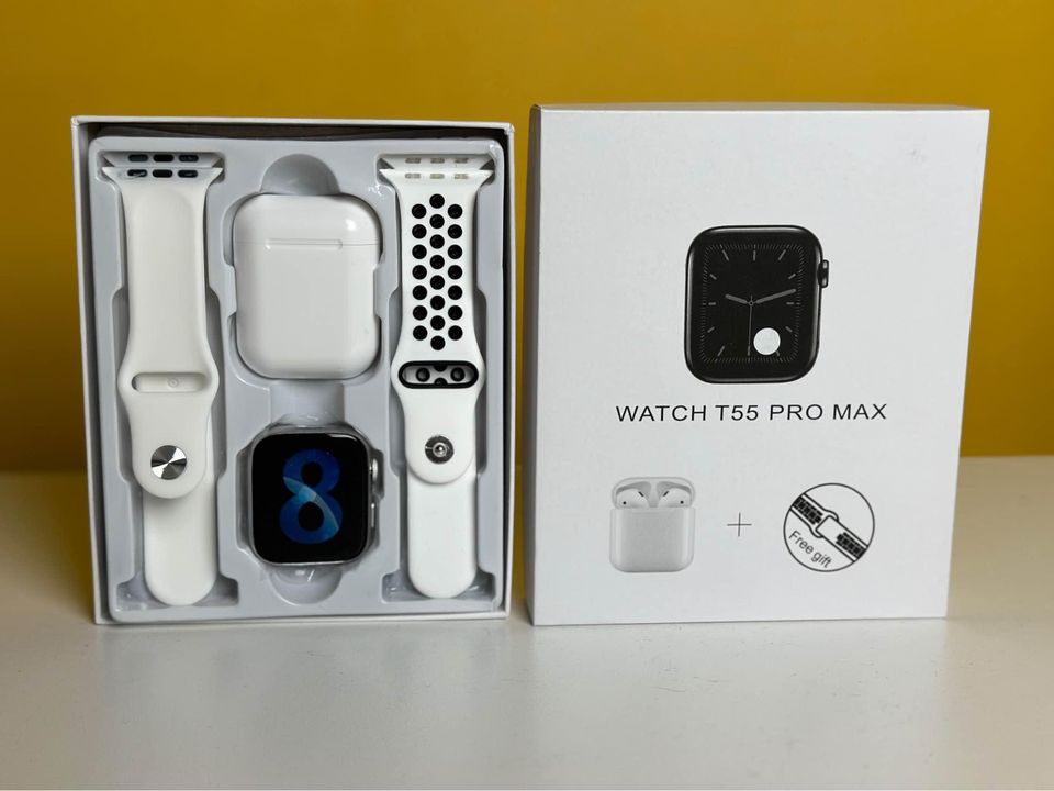 T55 Pro Max Smart Watch with Earbuds & Double Straps. 