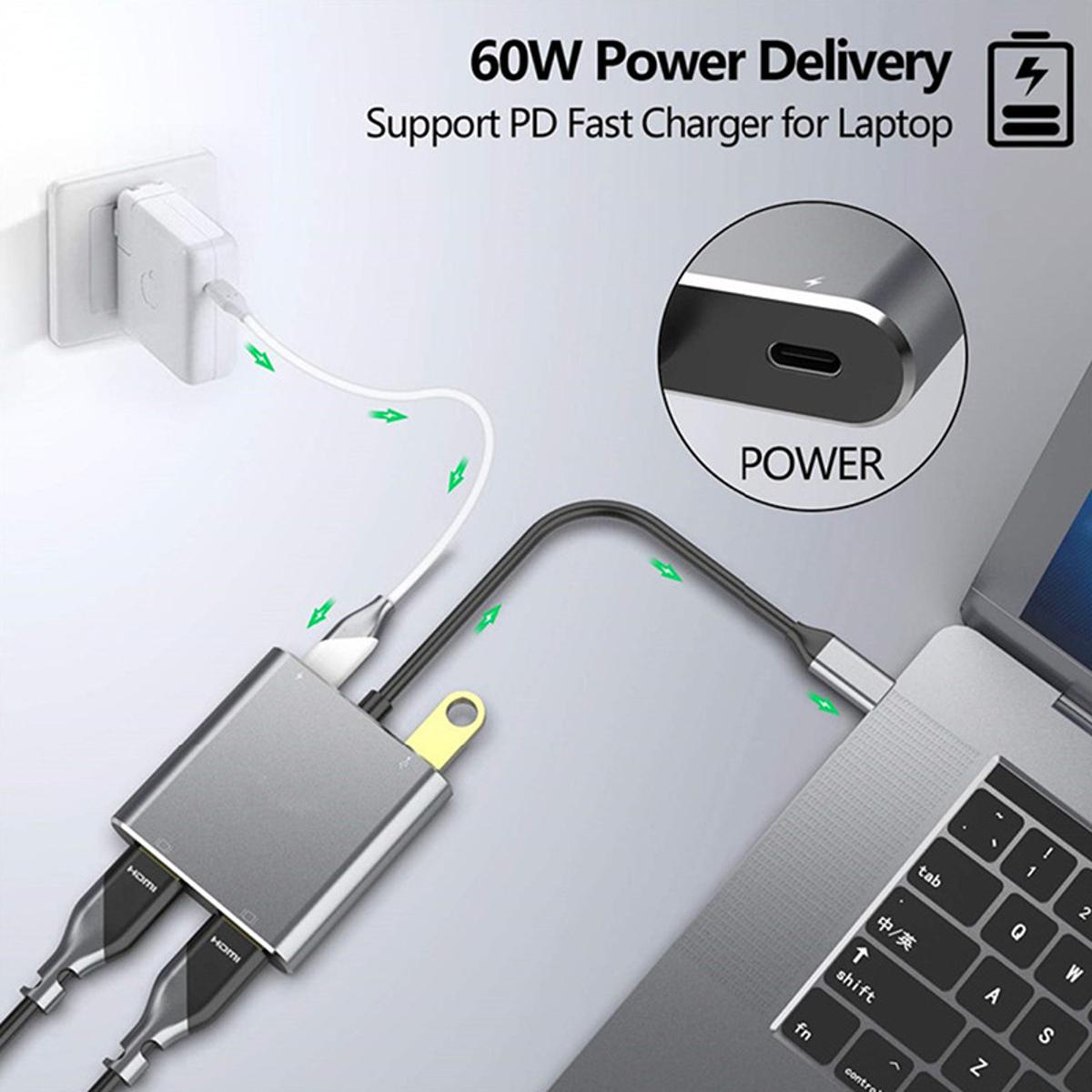 Type C To HDMI USB 3.0 PD 4 in 1 Hub Display Dual Screen USB C HDMI Splitter Audio Video Converter 4k HD For Macbook hot sell