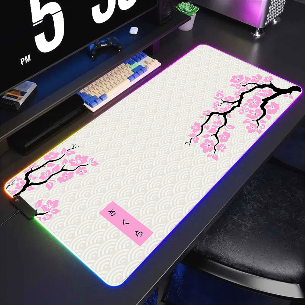 Green and White Sakura Rgb Mouse Pad Gaming Setup Accessories Computer Mat 90x40 Pc Gamer Keyboard Extended Backlight Mouse Mats. 