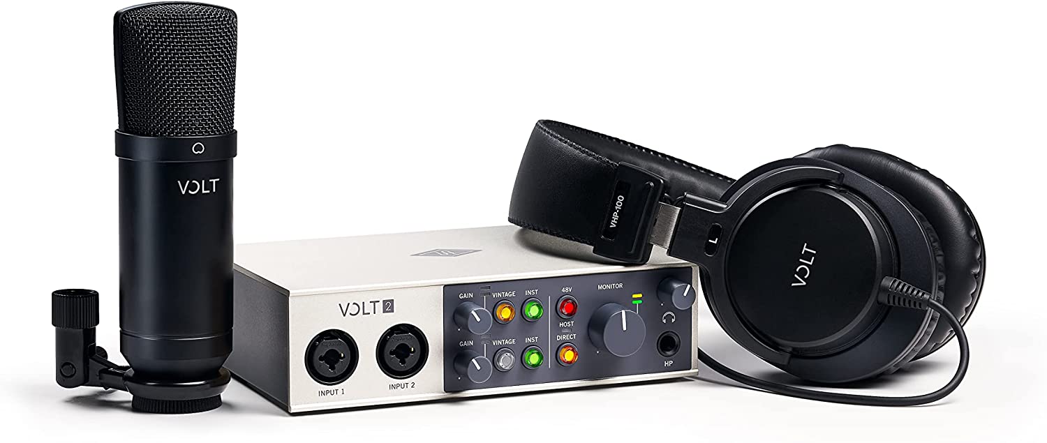 Universal Audio Volt 2 Studio Pack for recording, podcasting, and streaming with USB Interface, Mic, Headphones, essential audio software. 