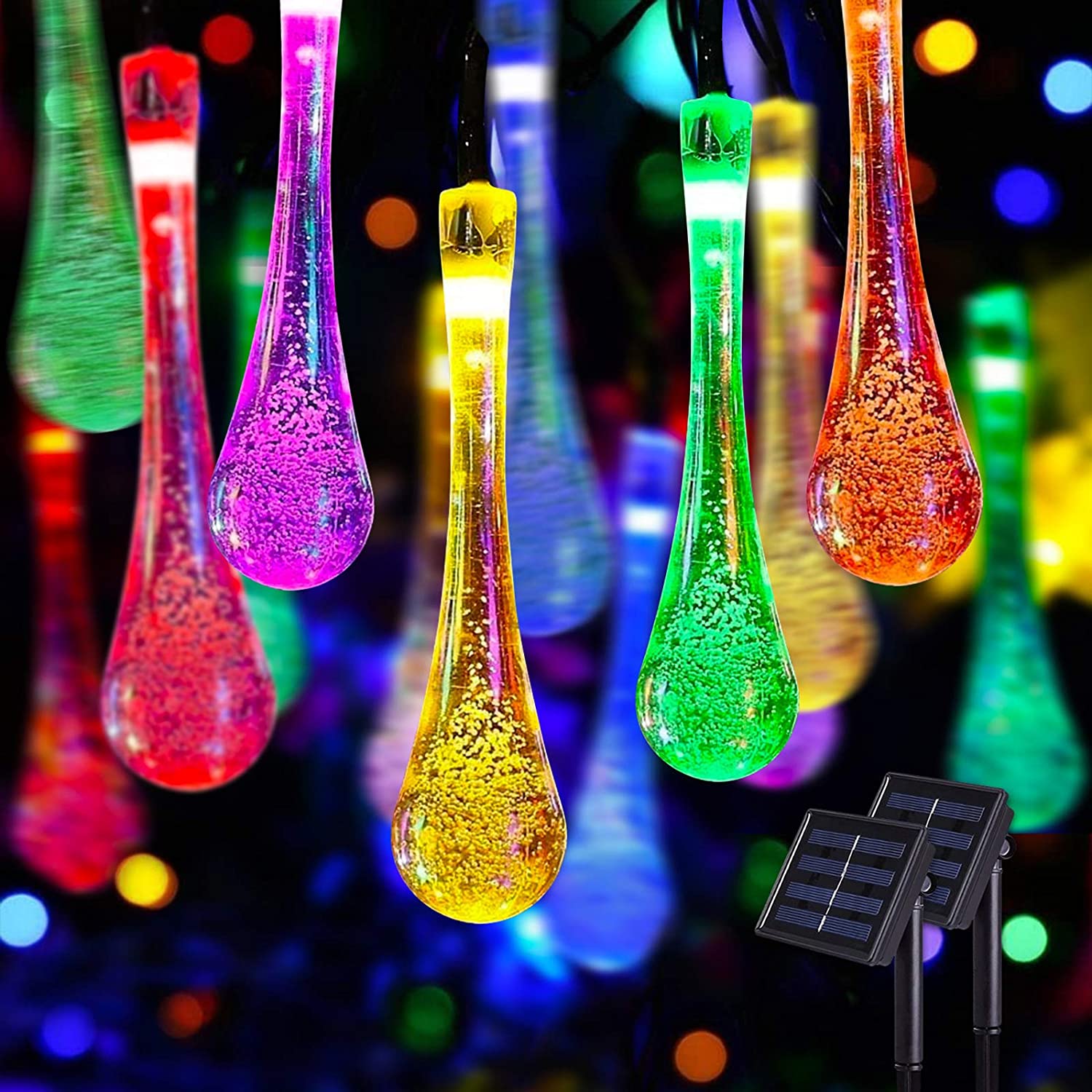 Solar Festoon LED Outdoor String Lights LED Teardrop Lights Waterproof 8 Modes Multicolor Water String Lights for Gardens Party--WARM WHITE--12M-100LED. 
