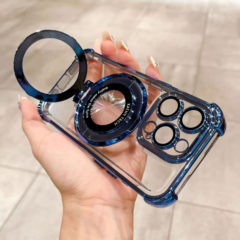 HOCE Folding Holder Magnetic Phone Cases For iPhone 17 16 15 14 13 12 11 Pro Max 14 15 16 Plus MagSafe Case With Lens Film Luxury Plating Bracket Hard Clear Back Cover Shockproof Bumper