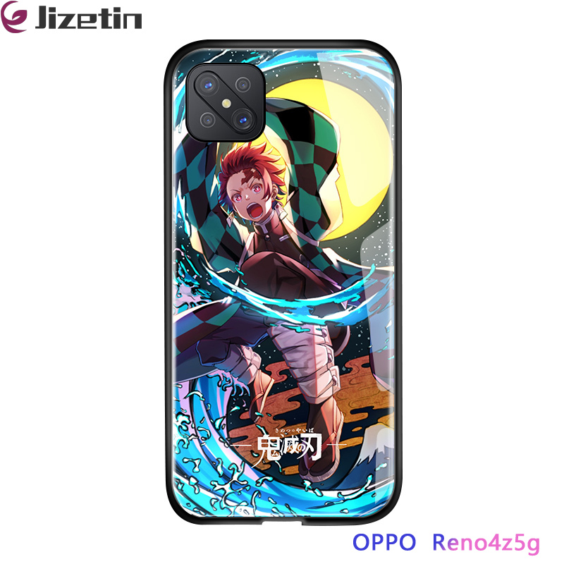 Jizetin for OPPO Reno4 Z 5G Glass Back Cover Demon Slayer Glossy Tempered Glass Shockproof Soft Edge Phone Cases
